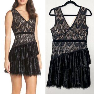 Foxiedox Womens Medium Black Lace Velvet Tiered Cocktail Mini Dress